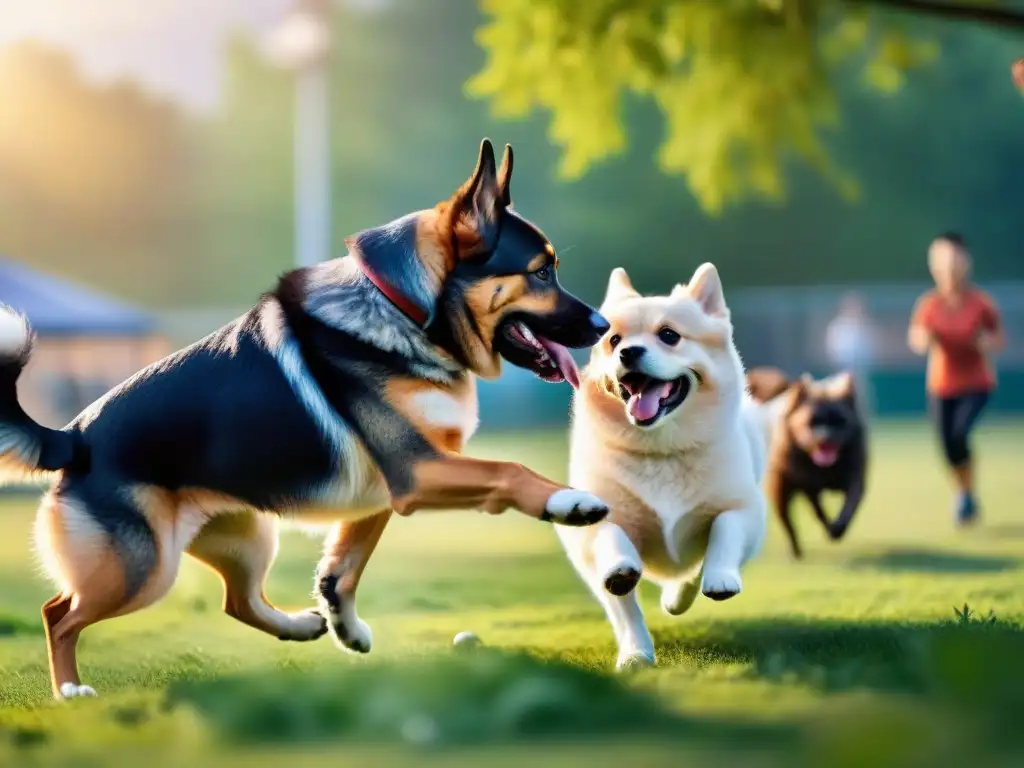 Perros de distintas razas jugando juntos al atardecer Grupo variado de perros jugando felices en el parque al atardecer, resaltando la importancia de la socialización y adiestramiento de mascotas