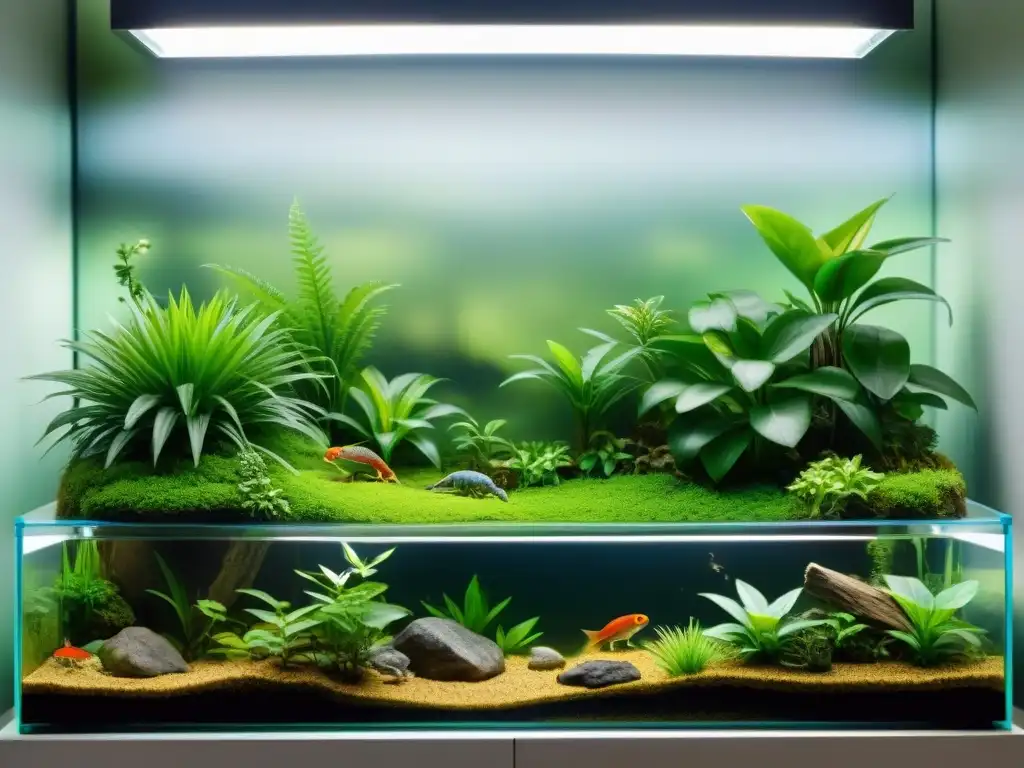Terrario para reptiles y anfibios: hábitat cuidadosamente diseñado Un hábitat impecable para reptiles y anfibios, con plantas exuberantes, estanque, lámparas de calor y escondites