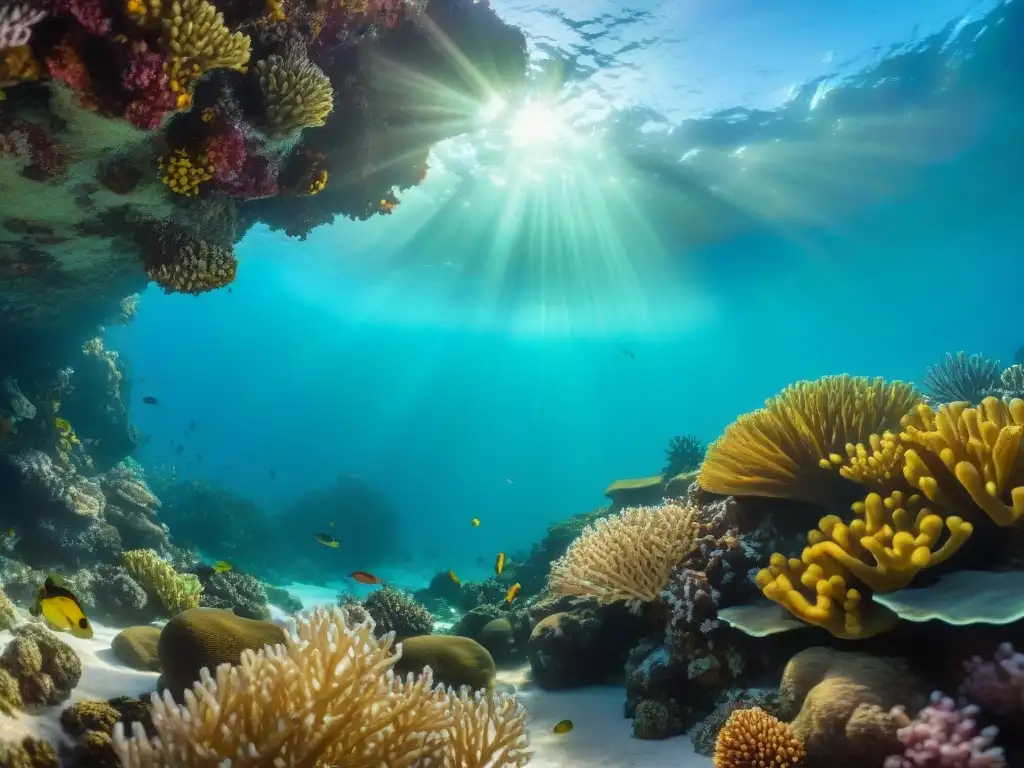 Hermosa escena marina con un grupo de peces coloridos nadando entre corales en un océano cristalino