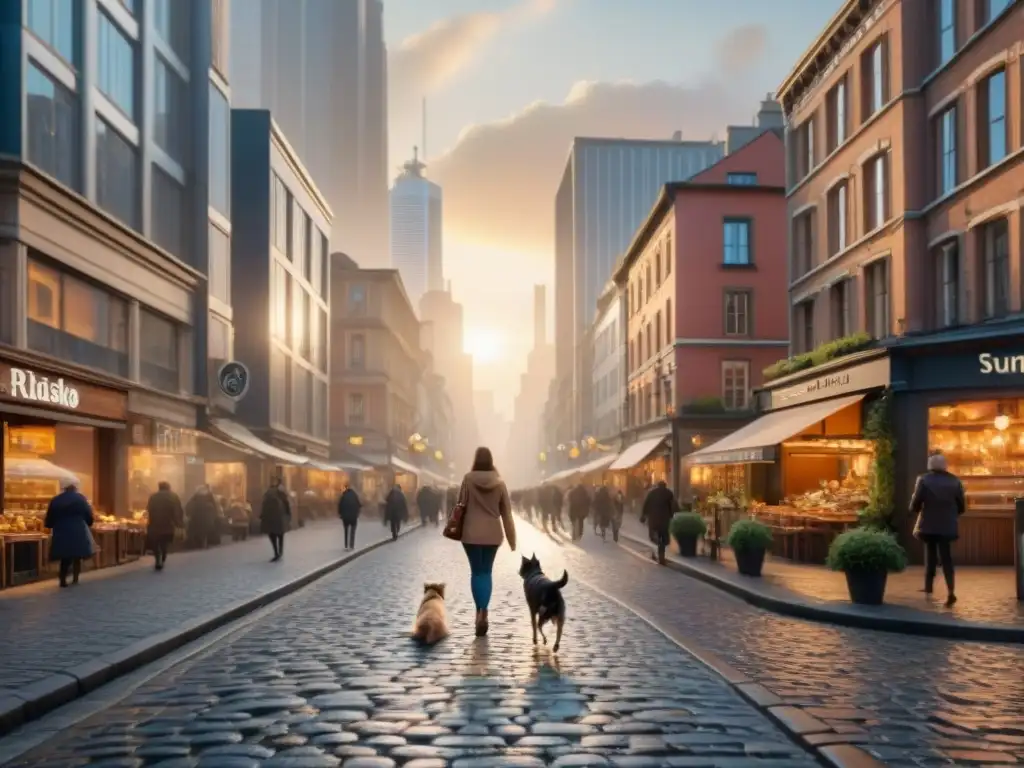 Calle de mascotas al atardecer: armonía urbana y amistad canina Hermosa escena PetFriendly en la ciudad al atardecer, fusionando armoniosamente vida urbana y mascotas