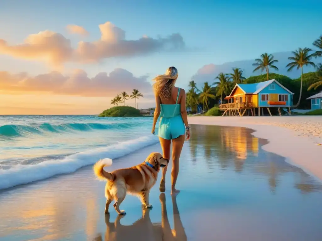 Playa paradisíaca: perro feliz junto a su dueña en un atardecer vibrante Hermosa playa pet friendly con perro dorado jugando en el agua, mujer sonriente mirando