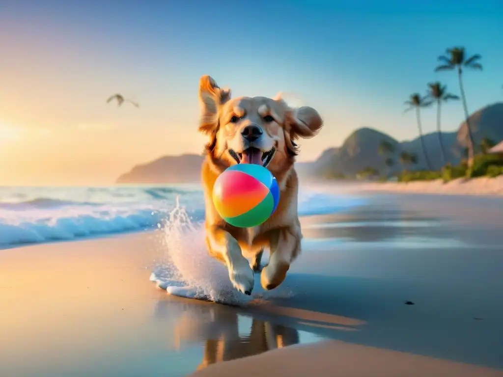 Retriever dorado disfruta correr en la playa al atardecer Un hermoso golden retriever corre alegre en la playa al atardecer, en un destino pet friendly para mascotas