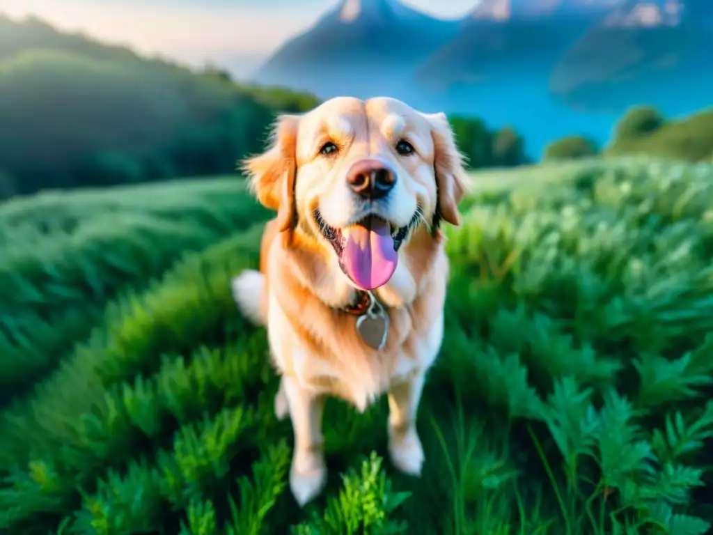 Retrato de un Golden Retriever feliz en prado verde bajo cielo azul Un hermoso golden retriever disfruta del sol en un prado verde, transmitiendo alegría y libertad