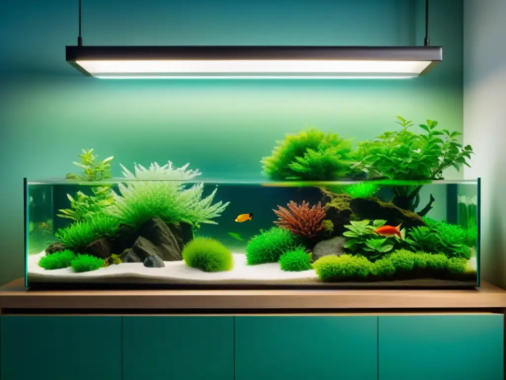 Herramientas de acuario: prevención de algas Herramientas y productos para acuario ordenados en estantería moderna, destacando prevención algas acuario estrategias efectivas
