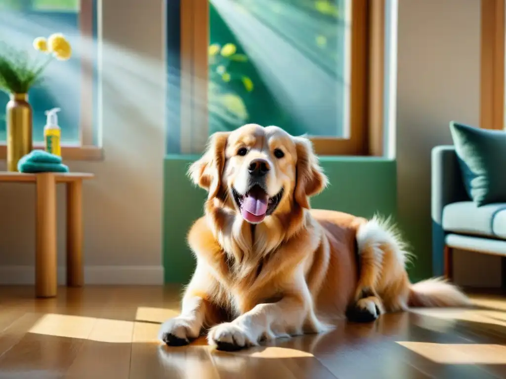 Retriever feliz en hogar ecológico: limpieza y alegría Un hogar ecoamigable con productos de limpieza ecológicos para mascotas, donde un golden retriever feliz juega en el suelo limpio