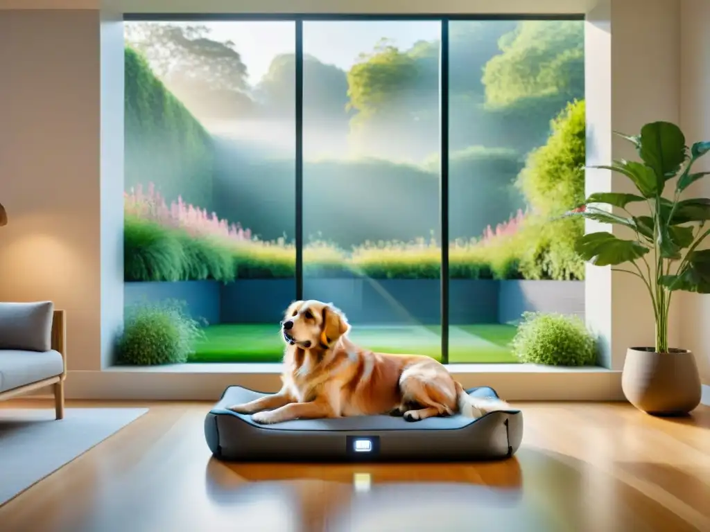 Salud y tecnología: sala moderna con perro y collar inteligente Un hogar moderno y sereno con un perro feliz en una cama de diseño, rodeado de tecnología y naturaleza