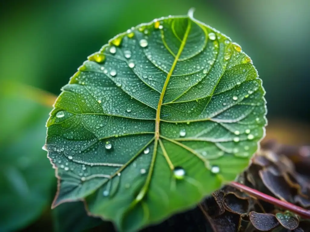 Detalle asombroso: Hoja verde con rocío, pureza natural para mascotas Una hoja verde vibrante cubierta de rocío, iluminada por la mañana, capturando la pureza de la naturaleza y la prevención de plagas en mascotas