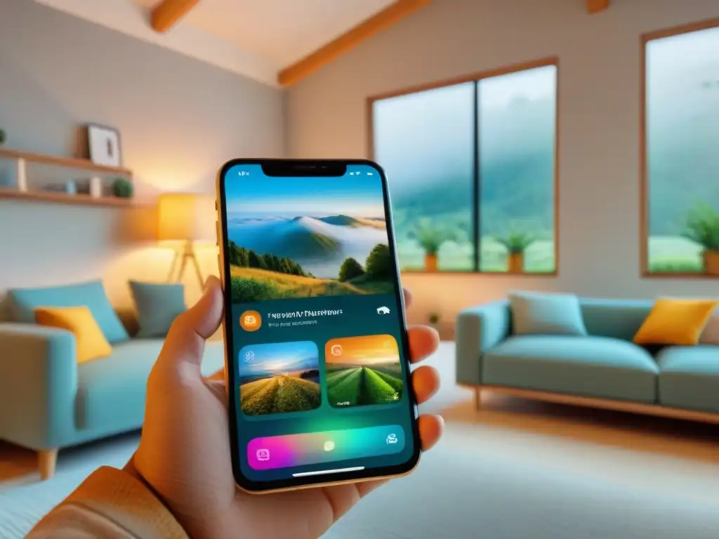 App de Entrenamiento Felino: Juegos Interactivos para Gatos Una imagen detallada de una aplicación para entrenar gatos en un moderno smartphone, en un ambiente acogedor y cálido