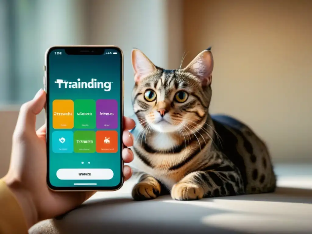 Aplicación de entrenamiento felino: vínculo perfecto Una imagen detallada de una aplicación para entrenar gatos en un smartphone moderno, mientras un gato interactúa con ella felizmente