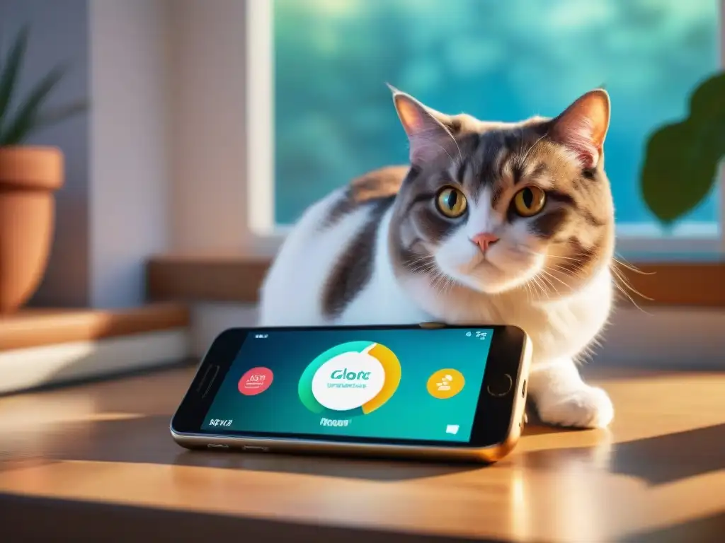 App de entrenamiento felino: diversión tecnológica y afecto gatuno Imagen detallada de una app para entrenar gatos en un smartphone moderno, con un gato interactuando