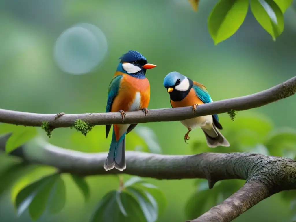 Comunidad de aves: interacciones sociales en detalle Una imagen detallada de aves coloridas socializando en un árbol, mostrando la importancia de la socialización en aves mascotas