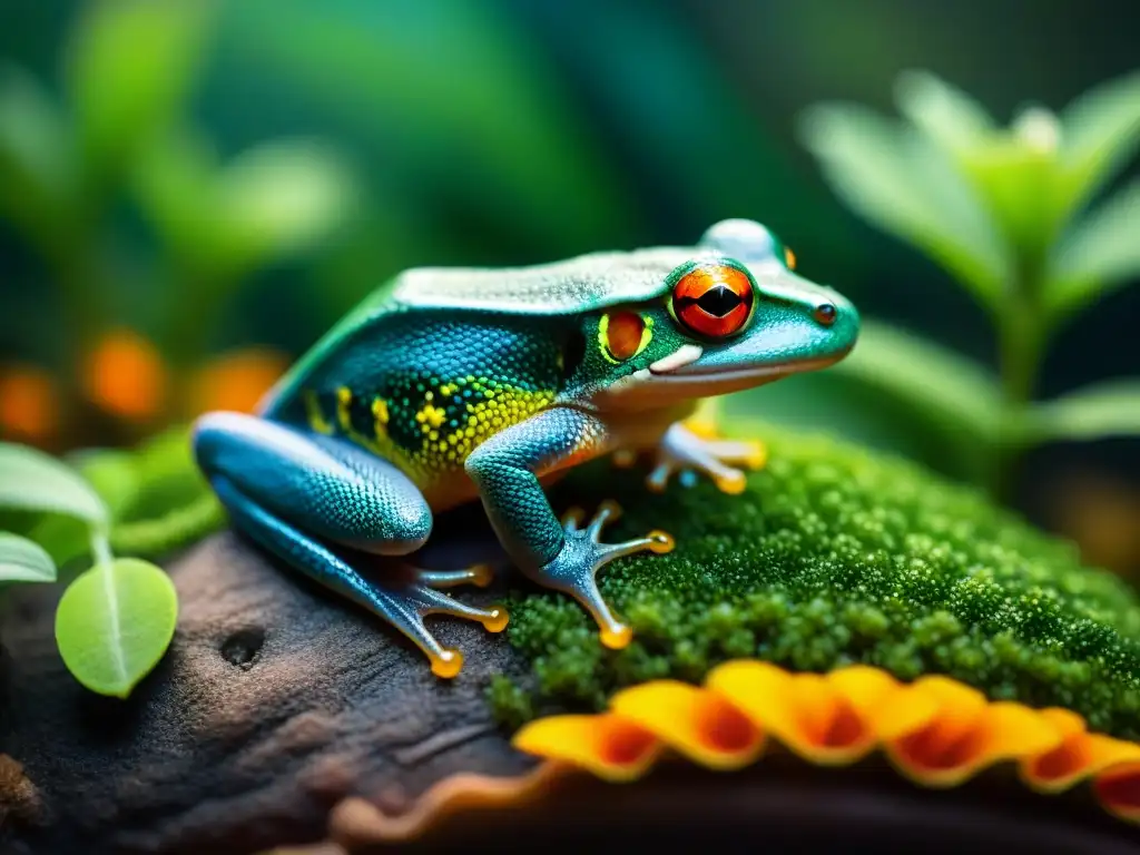 Armonía de anfibios: diversidad y belleza en terrario vibrante Una imagen detallada de convivencia con múltiples anfibios coloridos en armonía en un terrario vibrante y exuberante