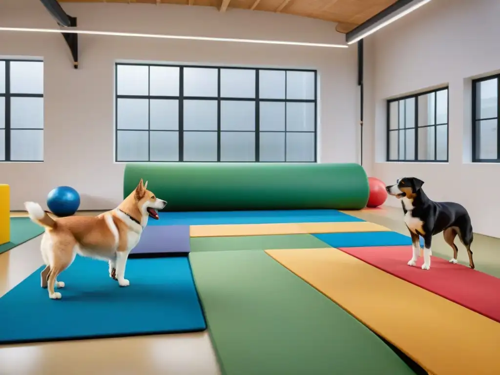 Entrenamiento de mascotas: diversión y aprendizaje en equipo Una imagen detallada de mascotas diversas entrenando con expertos en un centro luminoso y colorido