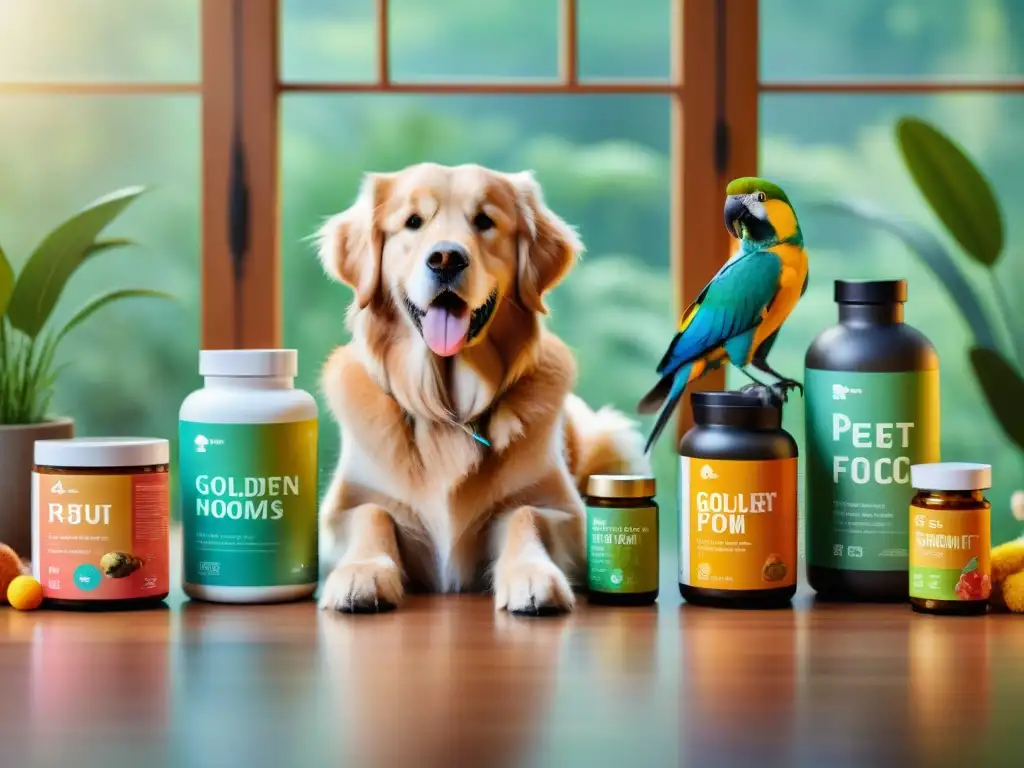Una imagen detallada de mascotas sonrientes y saludables rodeadas de suplementos para fortalecer el sistema inmunitario
