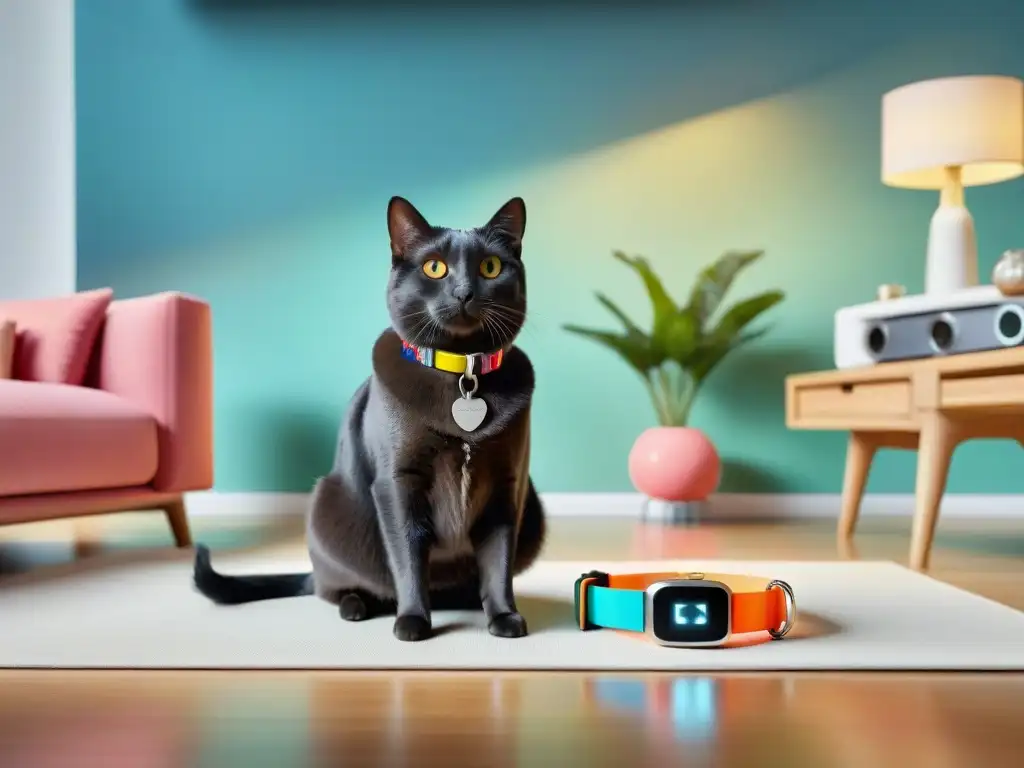 Pet Tech: Mascotas modernas con wearables innovadores Una imagen detallada de mascotas con wearables tecnológicos en un hogar moderno