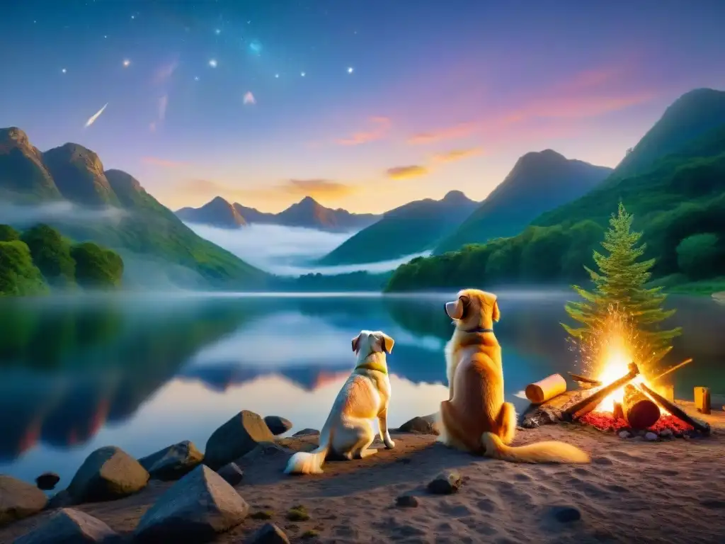 Paisaje sereno al atardecer con perro y fogata Imagen de un paisaje sereno al atardecer, donde un golden retriever descansa junto a una fogata, transmitiendo calma y seguridad