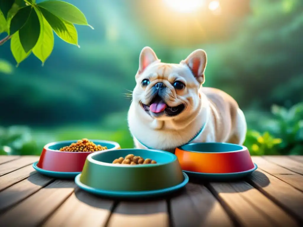 Mascotas felices y saludables disfrutando de una dieta equilibrada Una imagen radiante de mascotas variadas disfrutando de una alimentación balanceada que previene enfermedades, rodeadas de naturaleza y vitalidad