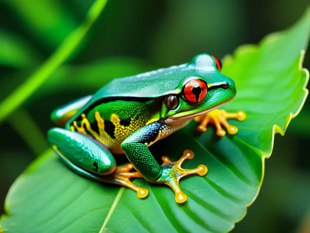 Rana de ojos rojos en detalle: majestuosidad en la selva Increíble rana arborícola con ojos rojos en hoja verde brillante, destacando patas y piel en detalle