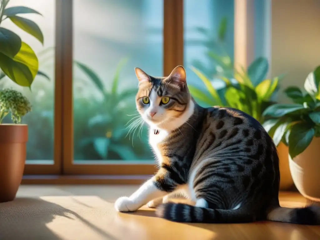 Un instante de paz: alérgico acaricia gato hipoalergénico en habitación soleada llena de plantas