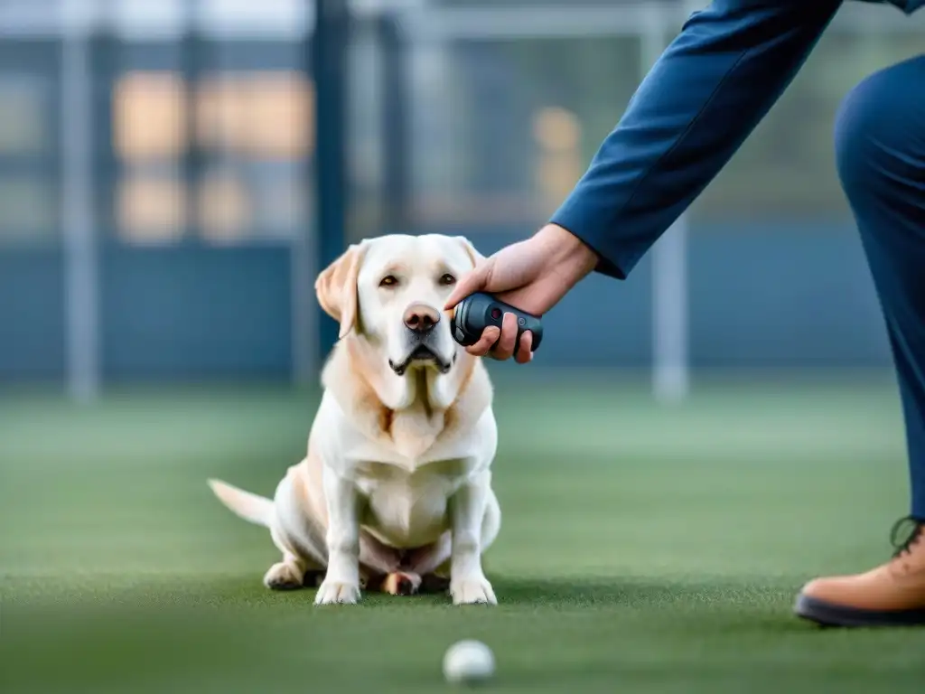 Intensa conexión: entrenador canino y Labrador en sesión de clicker Intenso entrenamiento con clicker para mascotas: conexión pura entre adiestrador y Labrador