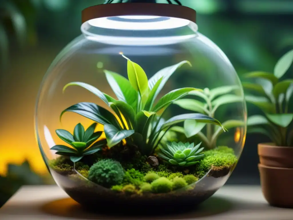 Terrario iluminado: armonía entre naturaleza y tecnología Intenso verde de planta tropical en terrario iluminado por LED, fusionando tecnología con naturaleza en diseño sostenible