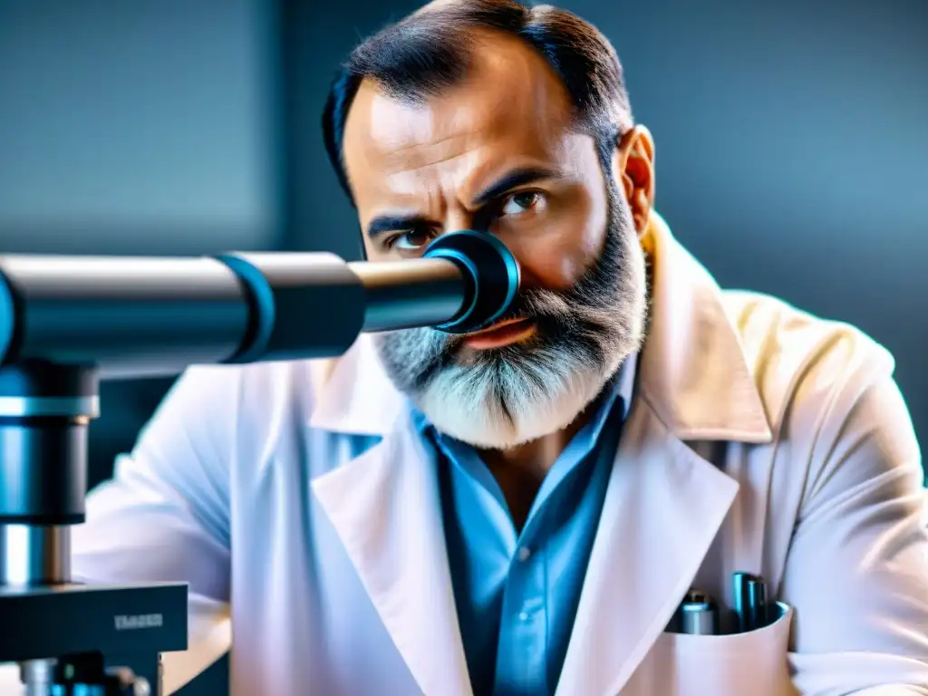 Análisis detallado de alergias en pelo de gato bajo microscopio Investigador en laboratorio analizando muestra de pelo de gato bajo microscopio, enfocado en prevención alergias gatos cuidados