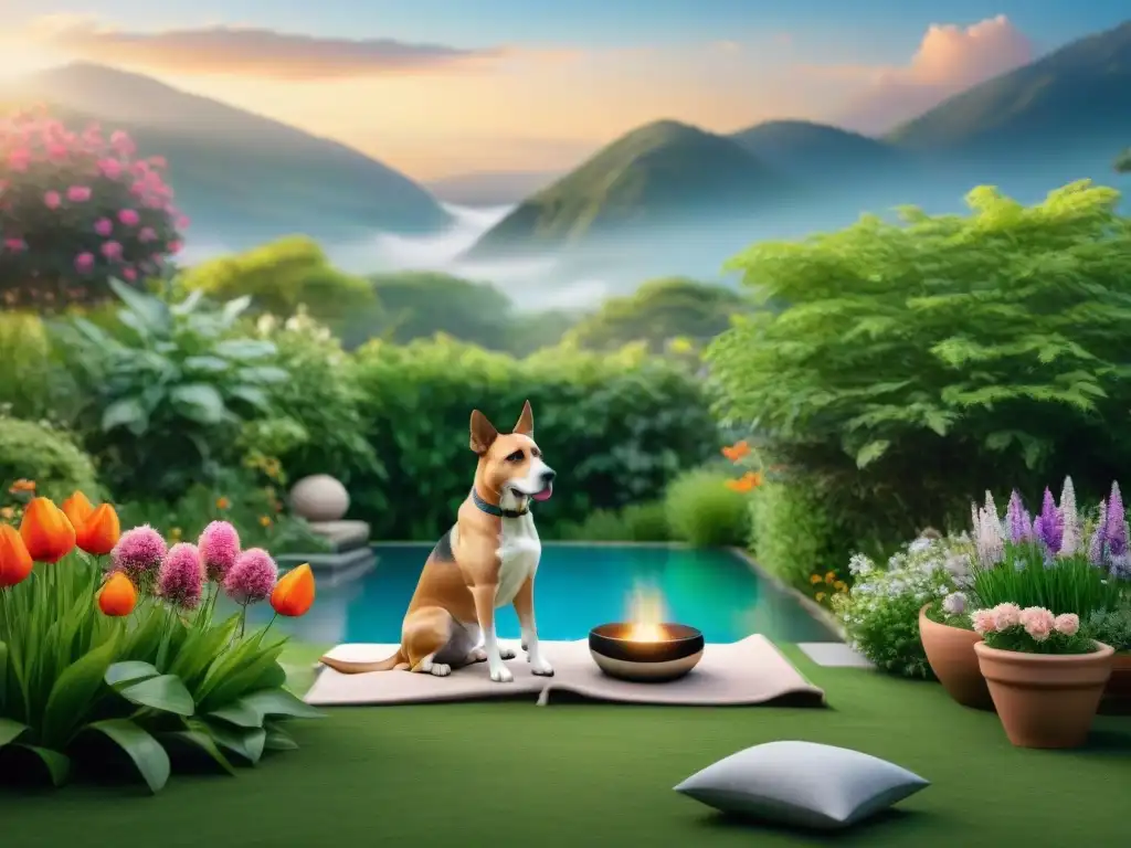 Jardín armonioso: mascotas disfrutando de aromaterapia Un jardín sereno con mascotas disfrutando de terapias alternativas para el estrés