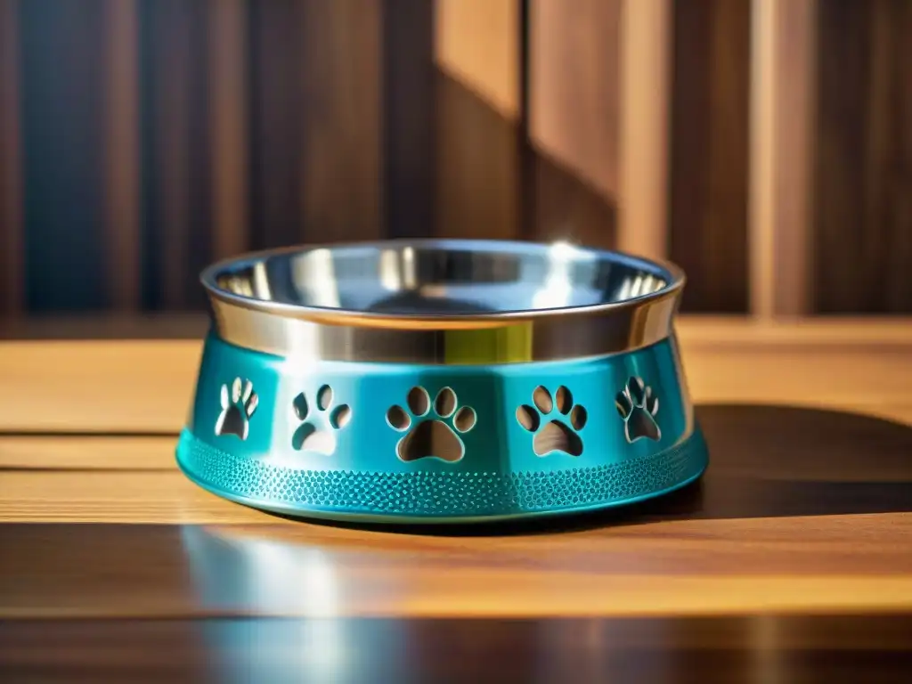 Juego de comedero y bebedero de acero inoxidable para mascotas en ambiente cálido y detallado Un juego de comedero y bebedero para mascotas de viaje en acero inoxidable, en un entorno cálido y detallado