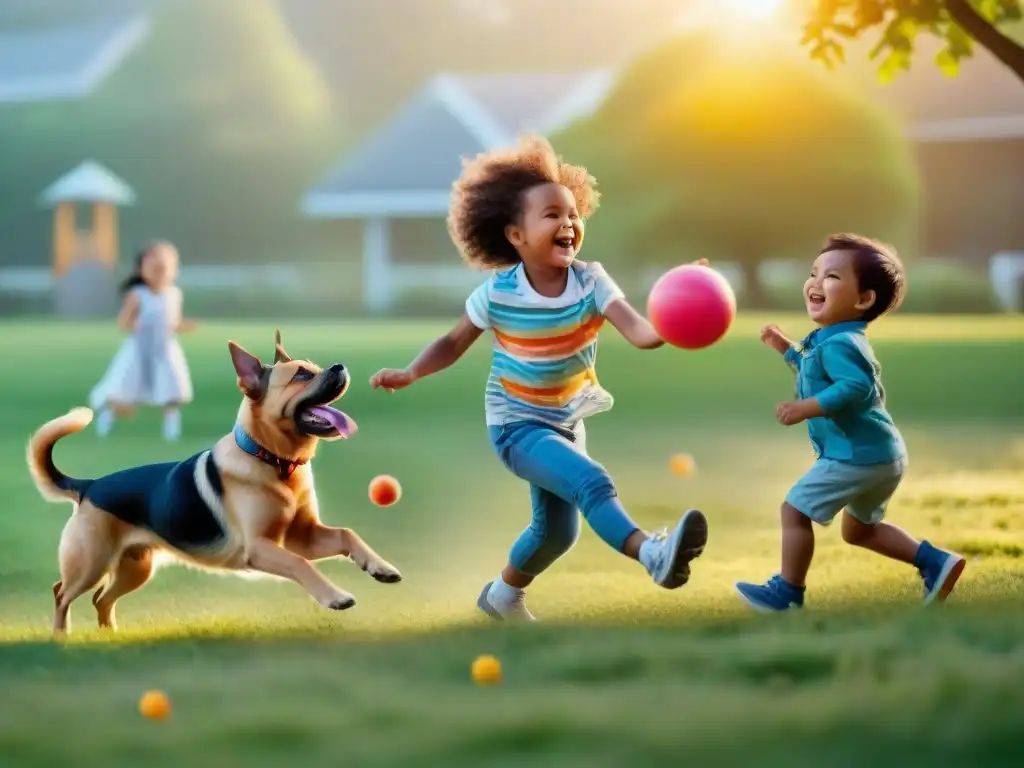 Diversión en el parque: niños jugando con perros felices Juegos seguros entre niños y perros en un parque, diversión y risas llenan el aire