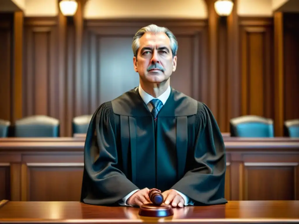 Un juez severo en un tribunal tradicional, con una mirada de autoridad, sostiene un martillo