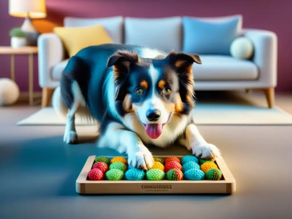 Border Collie resuelve rompecabezas: inteligencia y diversión Border collie resolviendo juguete de estimulación mental, destacando su inteligencia y concentración en acogedor salón de juegos para perros