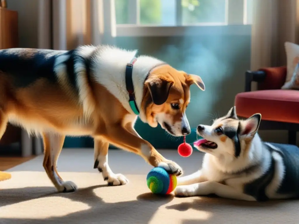 Perro juguetón con pelota interactiva en sala luminosa Perro juguetón con juguete interactivo, reflejando alegría en hogar acogedor