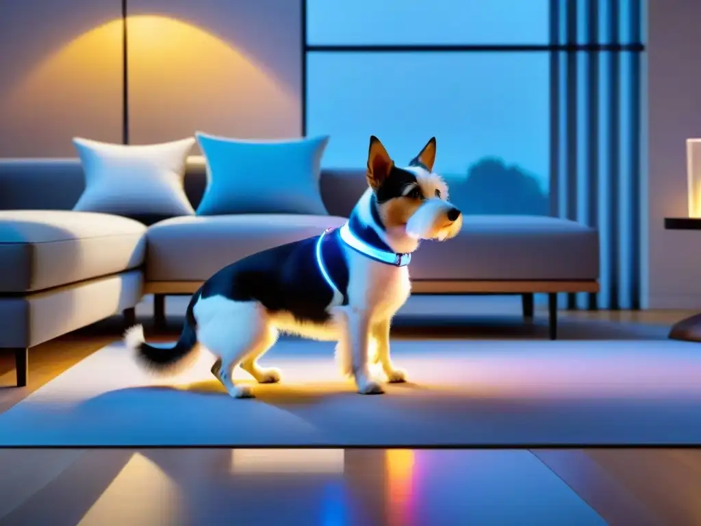 Un juguete tecnológico de mascota en acción con un perro entusiasta en un salón moderno