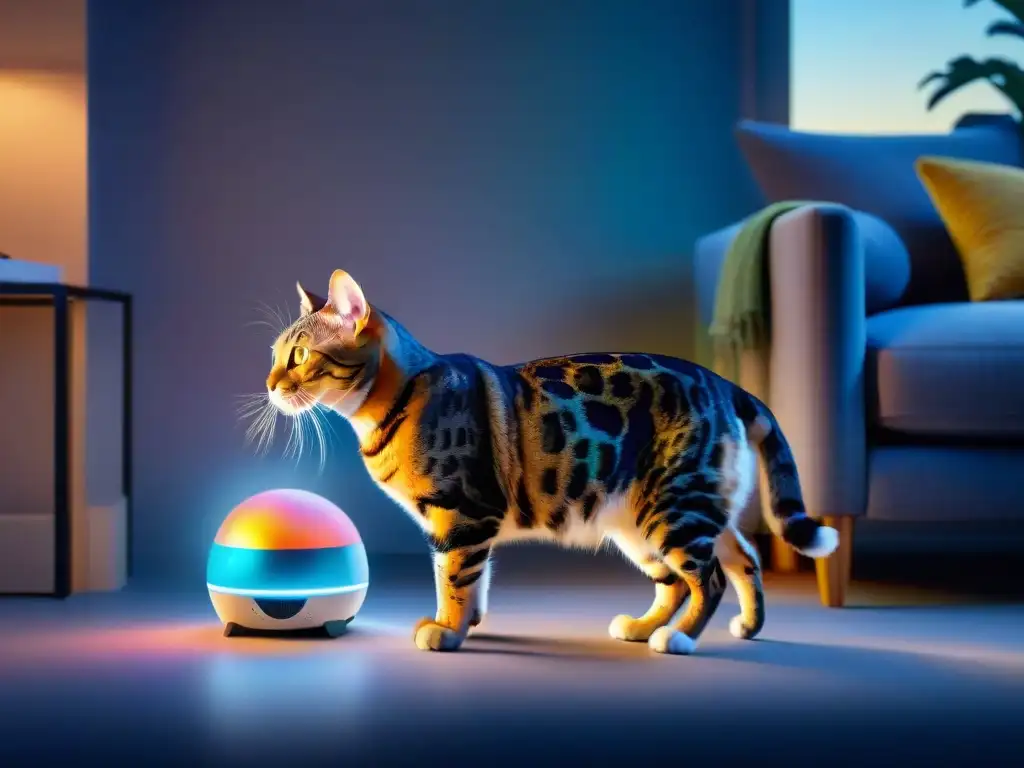 Juguete robótico futurista para mascotas: diversión y emoción Un juguete tecnológico para mascotas felices: un robot futurista interactuando con un gato, un perro y un conejo, en un ambiente moderno y luminoso