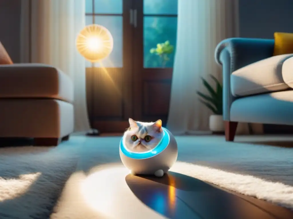 Juguete robótico futurista para mascotas con cámara y gato curioso Un juguete tecnológico para mascotas felices en un ambiente futurista y acogedor