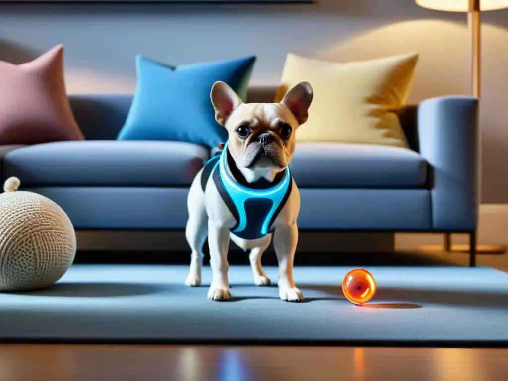 Robot para mascotas: juguete futurista en acción Un juguete tecnológico para mascotas felices, en un ambiente acogedor con un perro juguetón