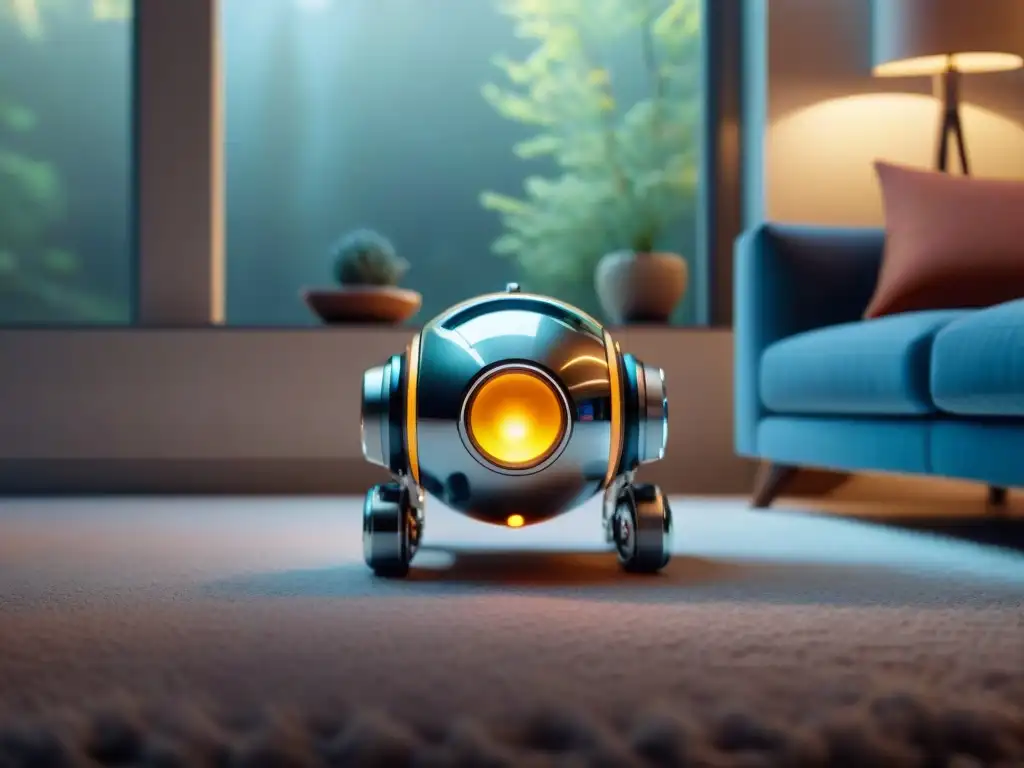 Juguete tecnológico para mascotas en movimiento con luces LED en ambiente moderno