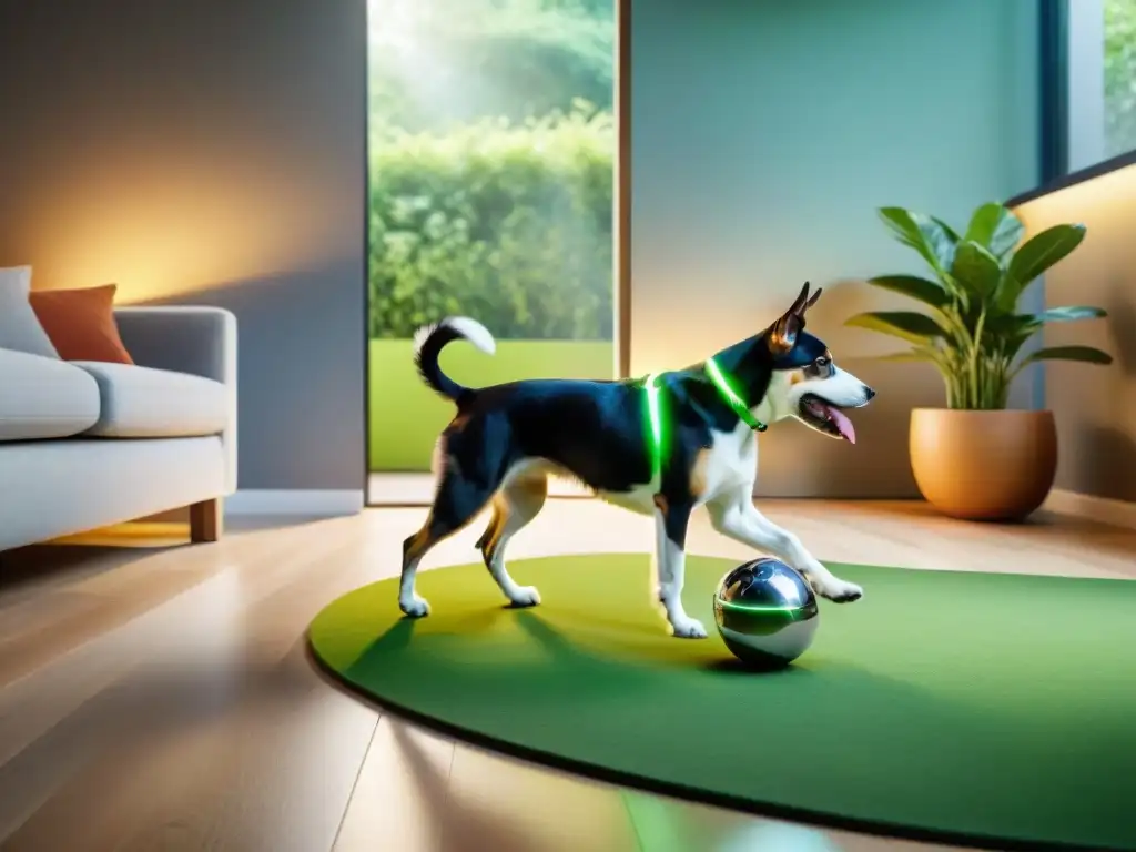 Un juguete tecnológico para mascotas en acción, jugando con un perro feliz en una sala luminosa