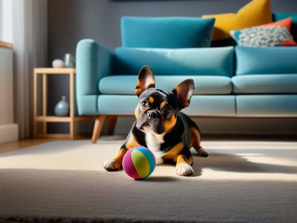 Juguetes interactivos para mascotas: diversión y bienestar Juguetes interactivos para mascotas: perro feliz jugando en sala con variedad de juguetes, combatiendo ansiedad
