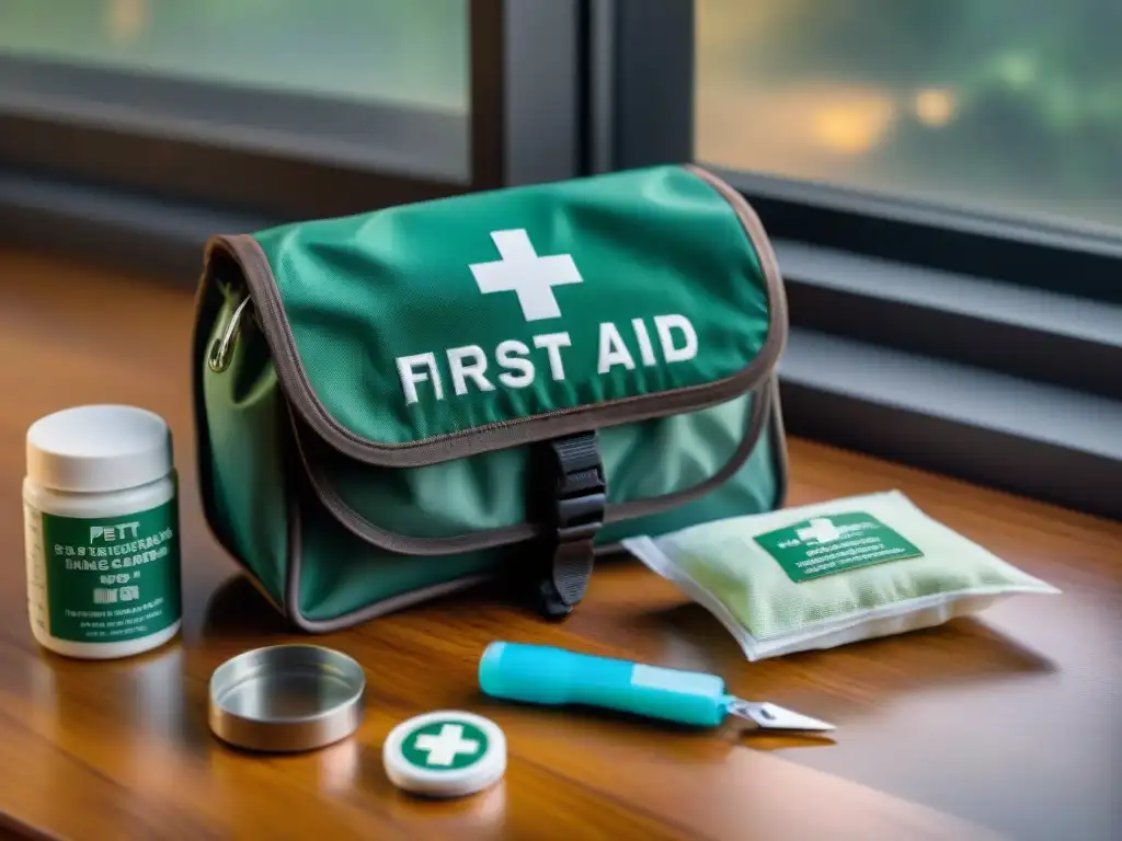 Kit de primeros auxilios para mascotas: preparación y cuidado detallado Kit de primeros auxilios para mascotas en viaje, con suministros organizados y bañados por luz natural