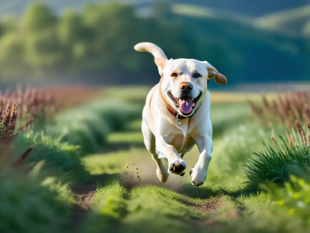 Labrador atlético corriendo en campo verde bajo el sol Un Labrador atlético corre vigorosamente en un campo verde bajo el sol, reflejando vitalidad y energía