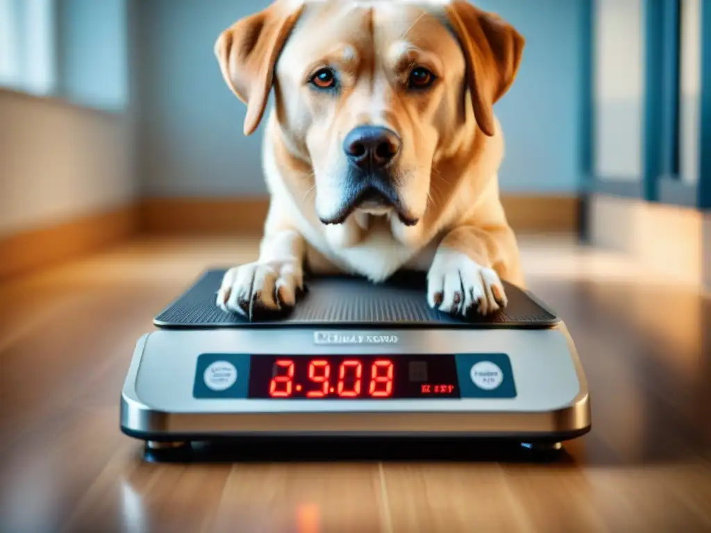 Control de peso en perros mayores: clave para la artritis Labrador senior sube a báscula en clínica vet