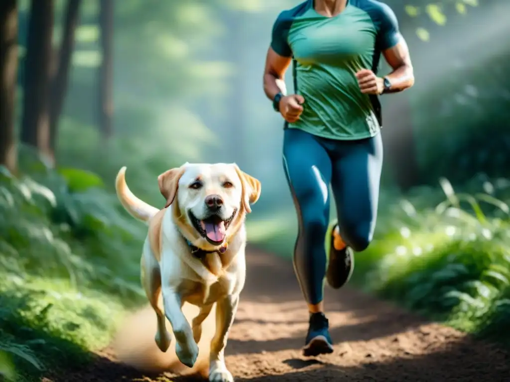 Labrador retriever disfrutando de la carrera con su dueño Labrador retriever corriendo feliz con su dueño en un sendero verde, demostrando la unión entre humano y mascota