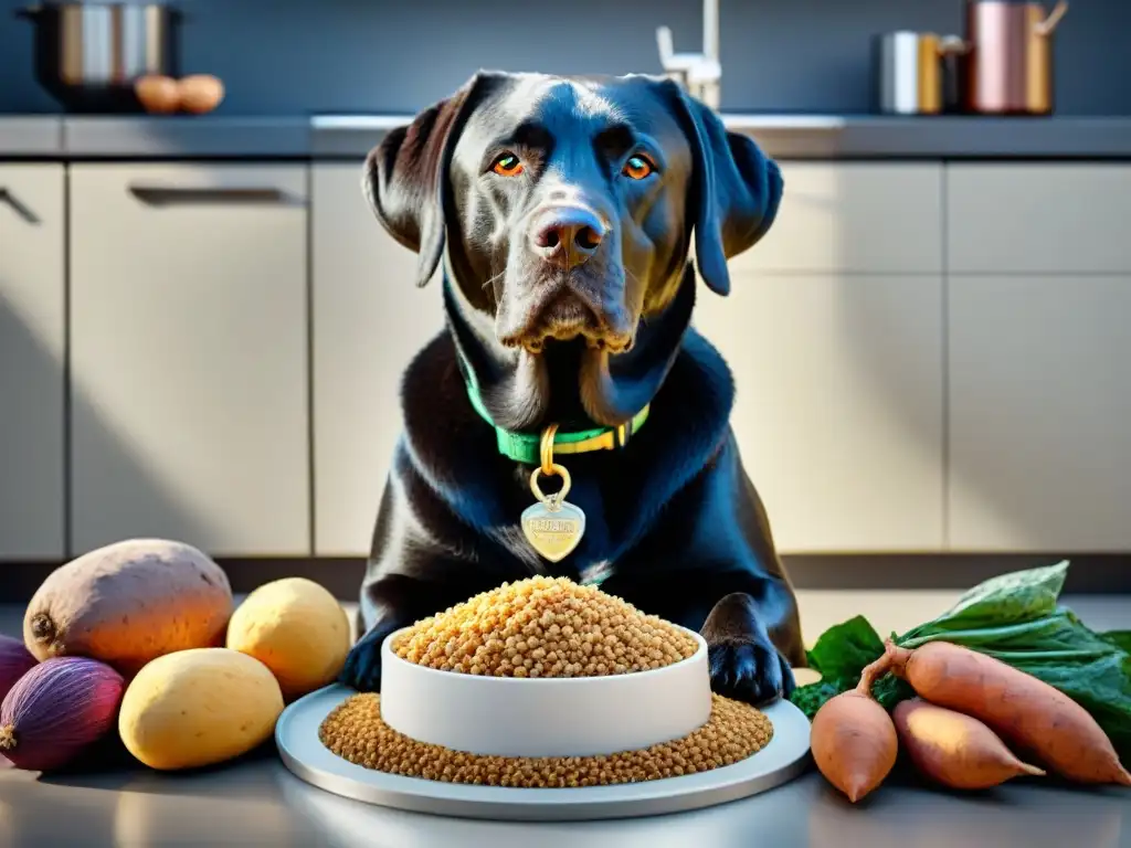 Labrador Retriever feliz disfrutando de comida hidrolizada de alta calidad en cocina moderna Un Labrador Retriever feliz rodeado de ingredientes de alta calidad para dietas hidrolizadas de mascotas en una cocina moderna y luminosa