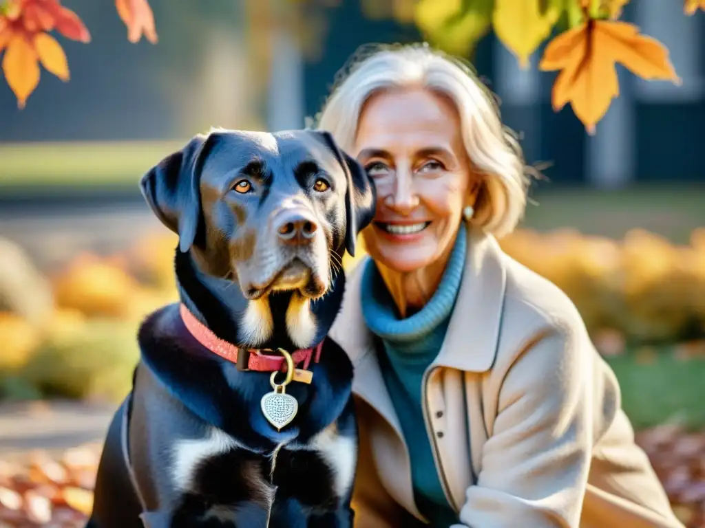 Vínculo atemporal: Labrador en otoño junto a su cuidadora Labrador mayor en otoño, junto a su dueña sonriente en un jardín soleado