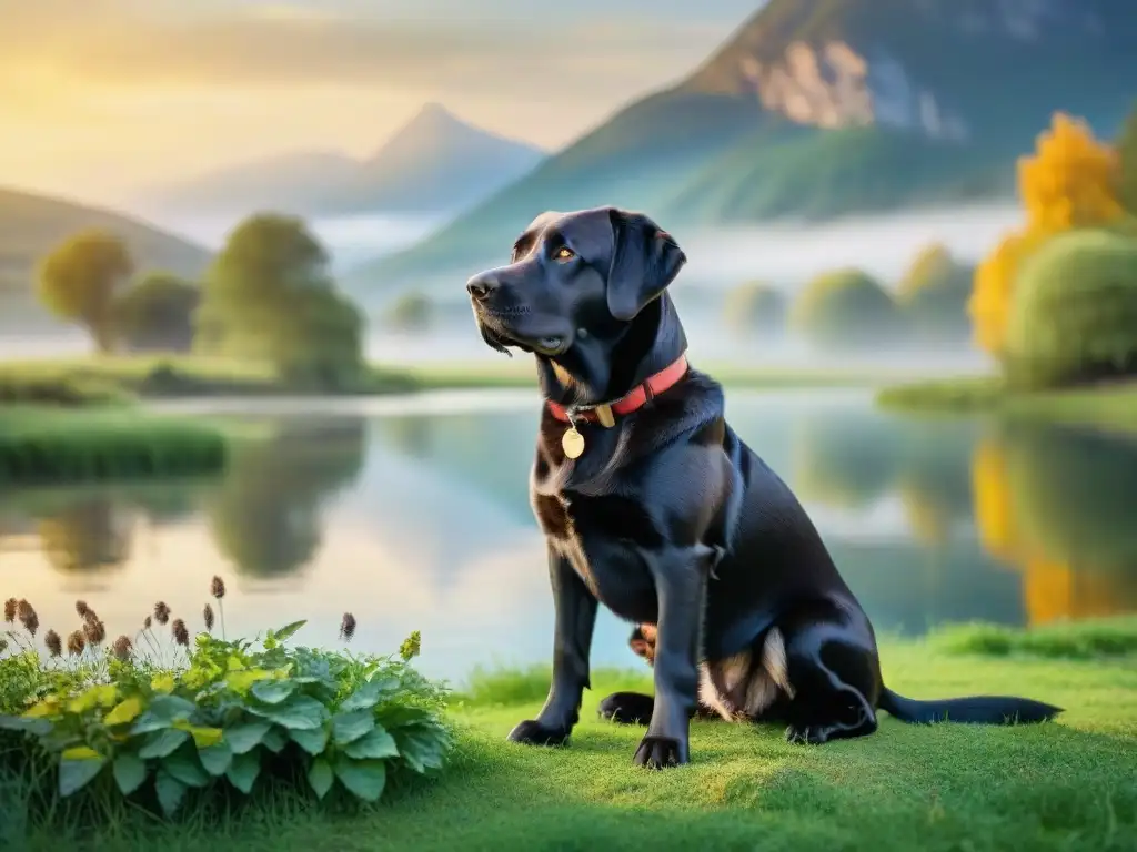 Labrador retriever negro en atardecer dorado en prado verde Labrador negro brillante en prado verde al atardecer, transmite calma y compañía