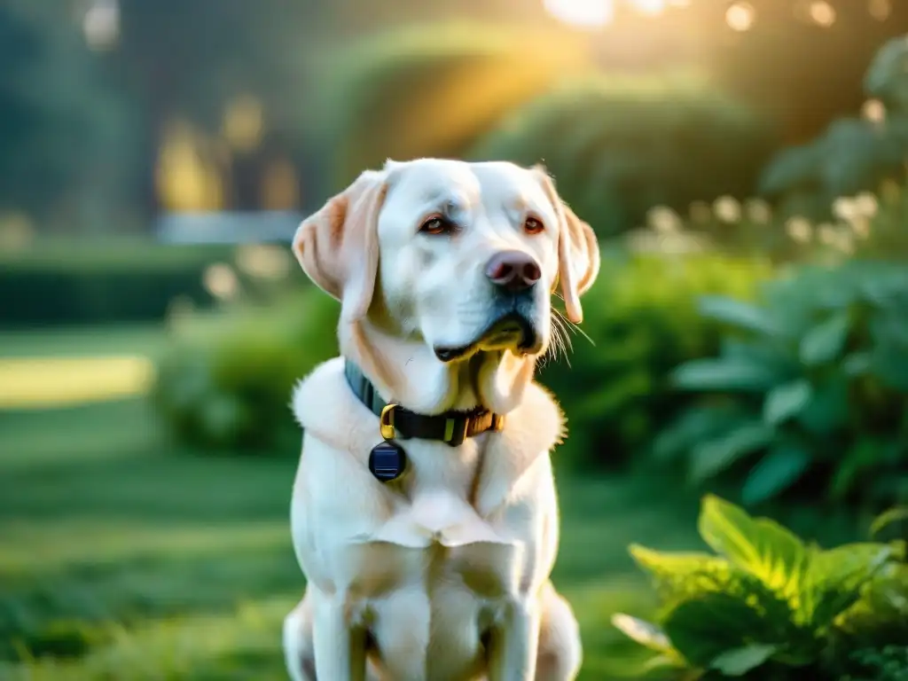 Paz y seguridad: Labrador con GPS en jardín al atardecer Un Labrador Retriever seguro con GPS, descansando en un jardín al atardecer