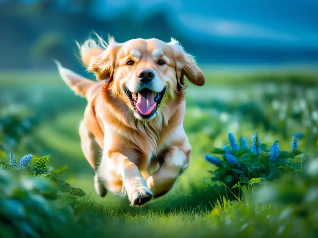 Golden retriever radiante corriendo feliz en campo verde Un golden retriever feliz corre libre en un campo verde bajo el sol, mostrando vitalidad y salud