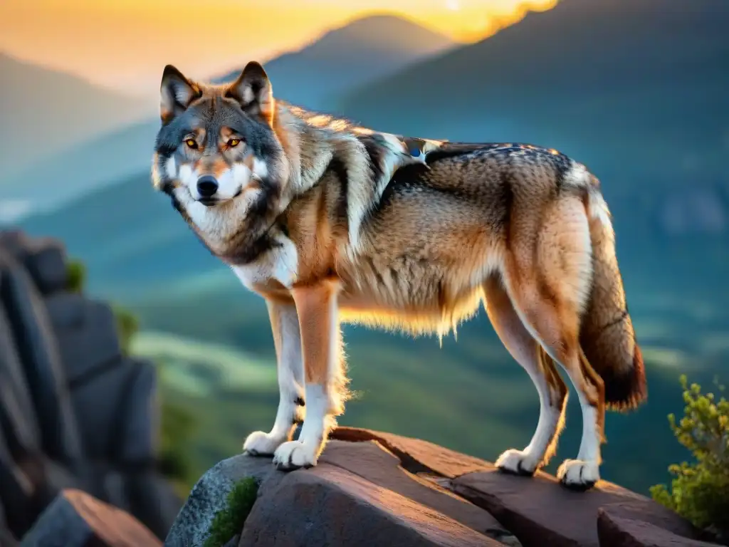 Rey de la naturaleza: lobo salvaje en atardecer dorado Un lobo musculoso y elegante se destaca en un acantilado rocoso al atardecer, irradiando belleza salvaje y fuerza primal en la naturaleza