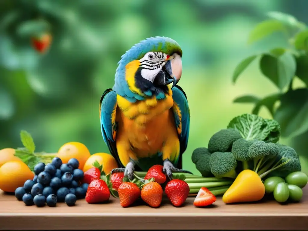 Exuberante loro rodeado de frutas y vegetales frescos Un loro colorido en un comedero rodeado de frutas y verduras vibrantes